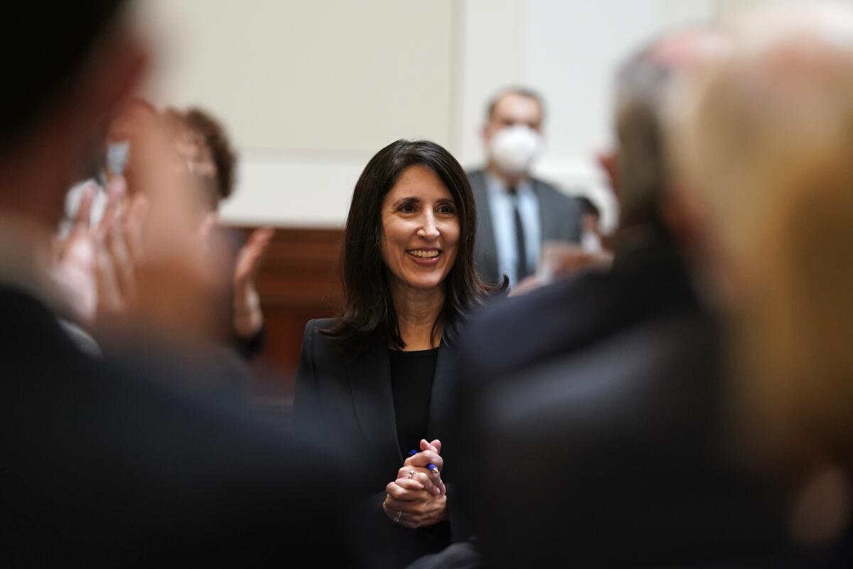 In this file photo, Justice Patricia Guerrero reacts after being confirmed to the Supreme Court of California