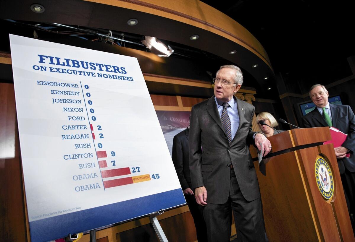 Senate Majority Leader Harry Reid (D-Nev.) speaks last month about Democrats' decision to change long-standing filibuster rules for most judicial and executive nominees.