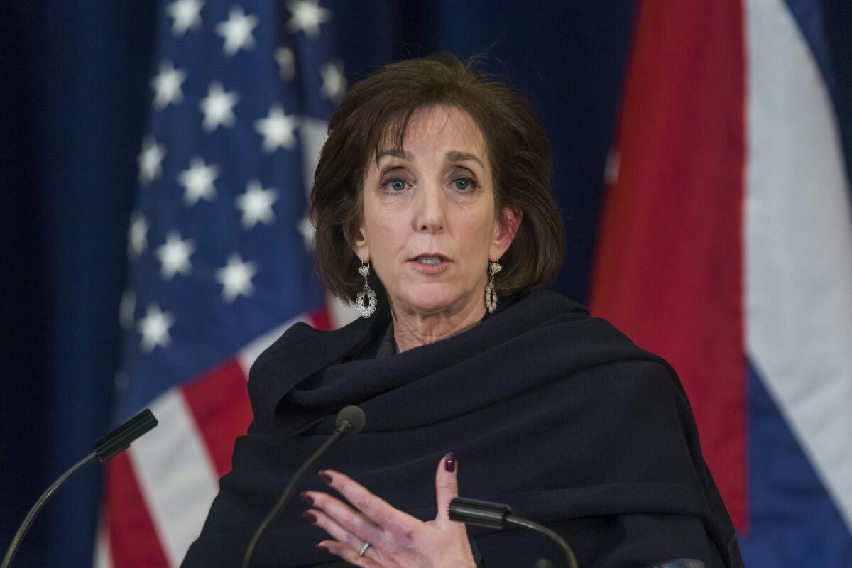 Roberta Jacobson, assistant secretary of State for Western Hemisphere Affairs, speaks to reporters after talks at the State Department to re-establish diplomatic relations between the United States and Cuba.