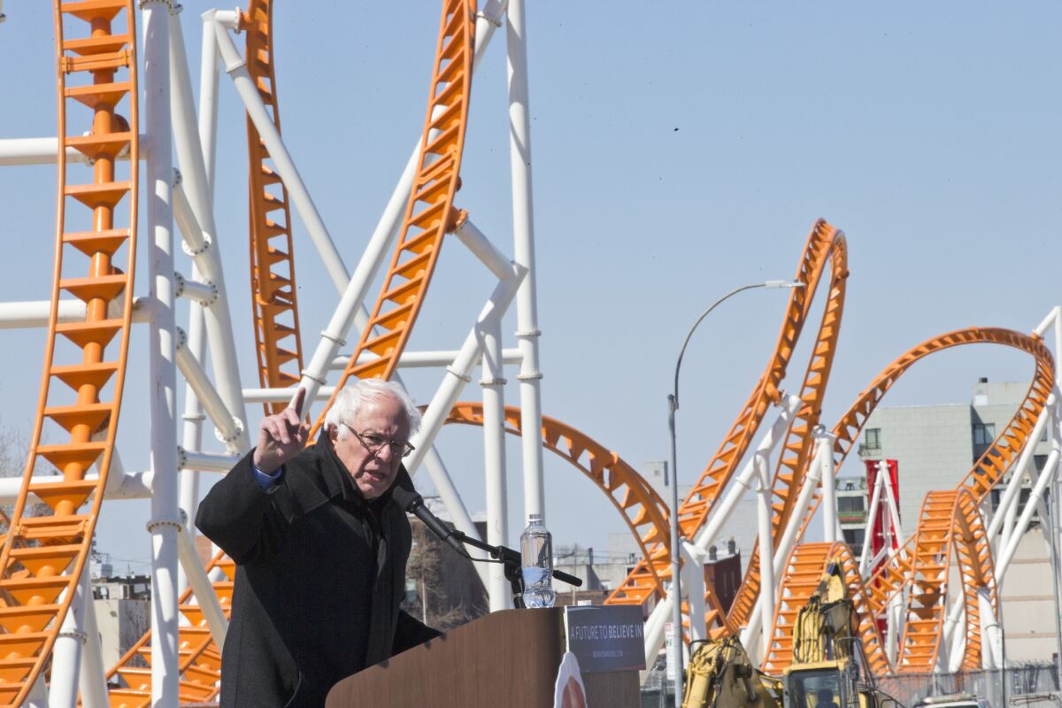 Democratic presidential candidate Bernie Sanders speaks on April 10 at a rally on the Coney Island boardwalk in the Brooklyn borough of New York.