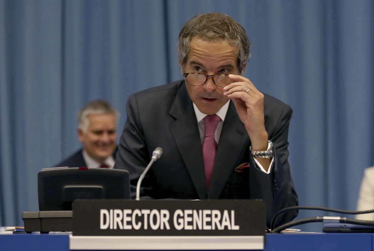 Director General of International Atomic Energy Agency, IAEA, Rafael Mariano Grossi from Argentina, looks prior to the start of the IAEA board of governors meeting at the International Center in Vienna, Austria, Monday, Sept. 14, 2020. (AP Photo/Ronald Zak)