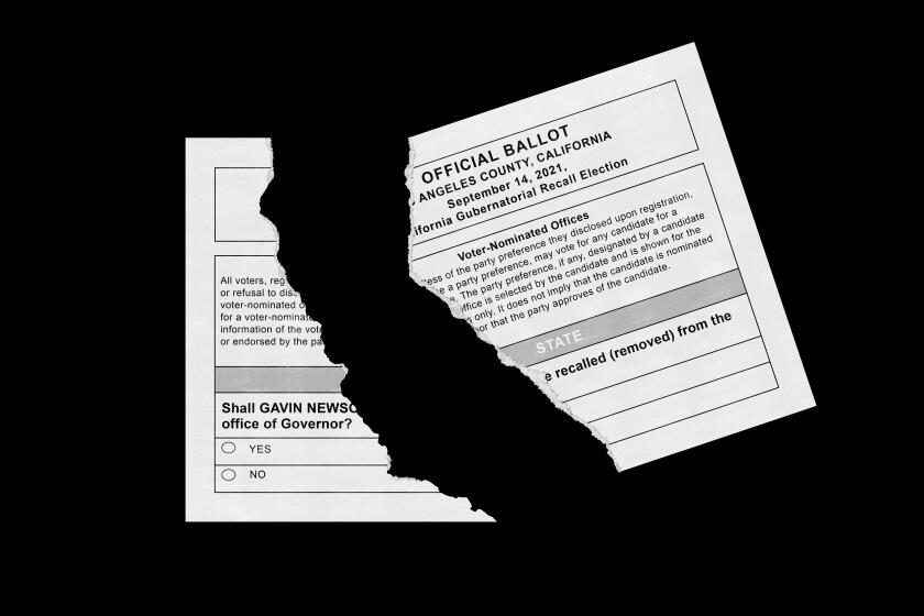 Illustration of a ballot ripped up in half; the rip is the shape of California.