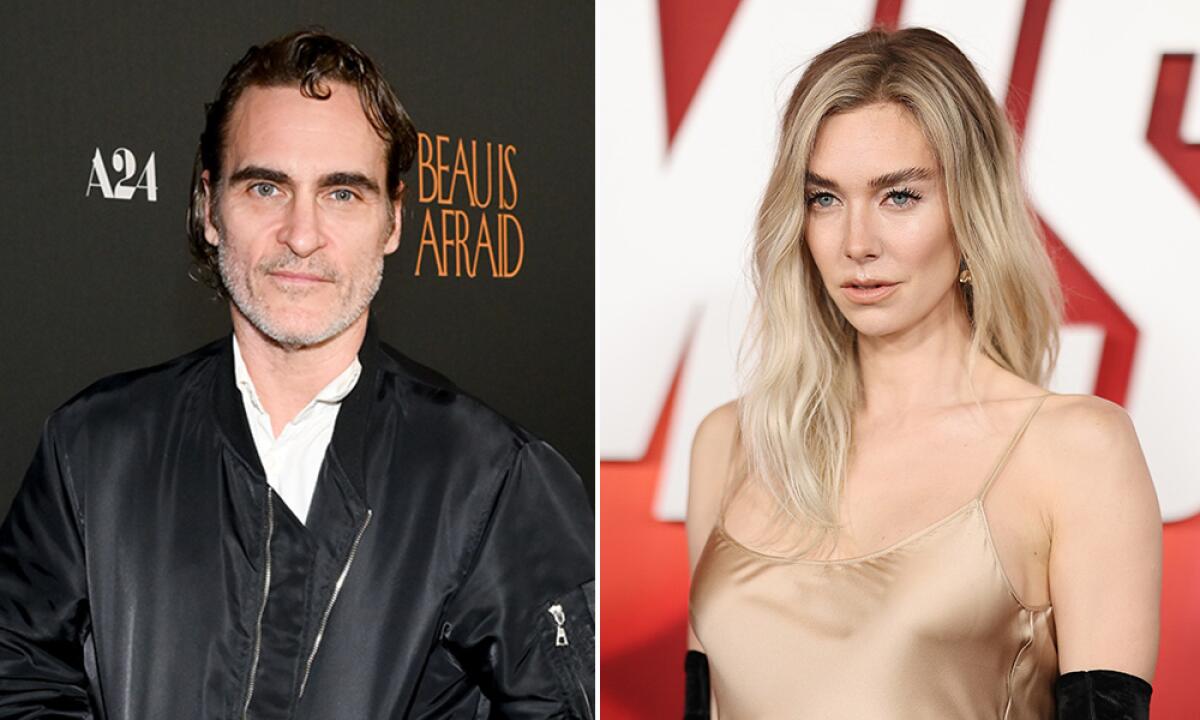  Separate pictures showing actors Joaquin Phoenix (wearing a dark jacket) and Vanessa Kirby (wearing a gold-hued dress).