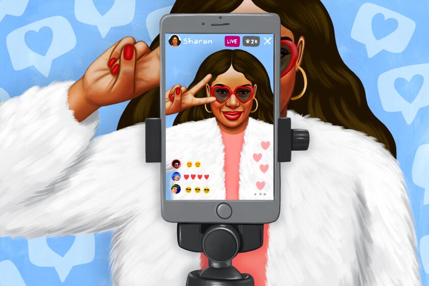 Illustration shows an influencer in a fuzzy white top live streaming using her phone