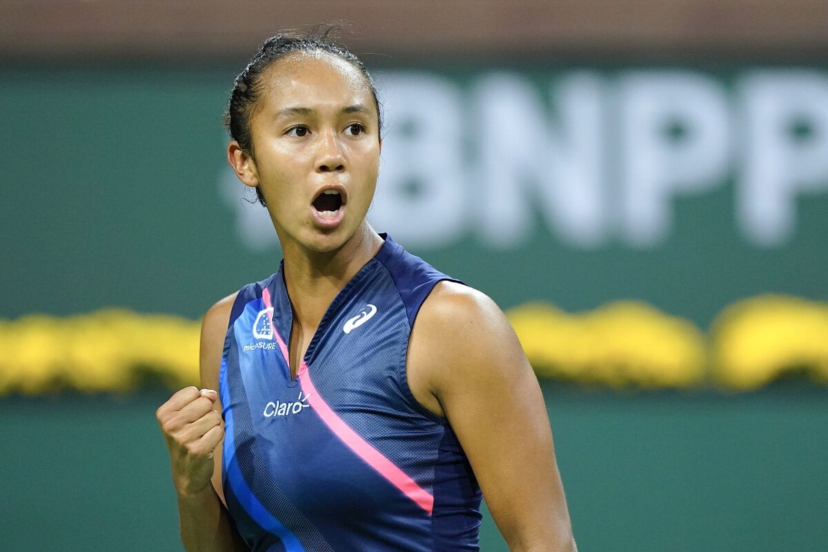 Leylah Fernandez celebrates winning a point over Alize Cornet, of France, at the BNP Paribas Open tennis tournament Friday Oct. 8, 2021, in Indian Wells, Calif. (AP Photo/Mark J. Terrill)