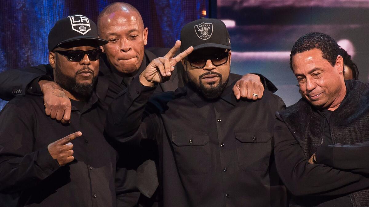 Inductees MC Ren, from left, Dr. Dre, Ice Cube and DJ Yella from N.W.A appear at the 31st Annual Rock and Roll Hall of Fame Induction Ceremony at the Barclays Center on Friday, April 8, 2016, in New York.