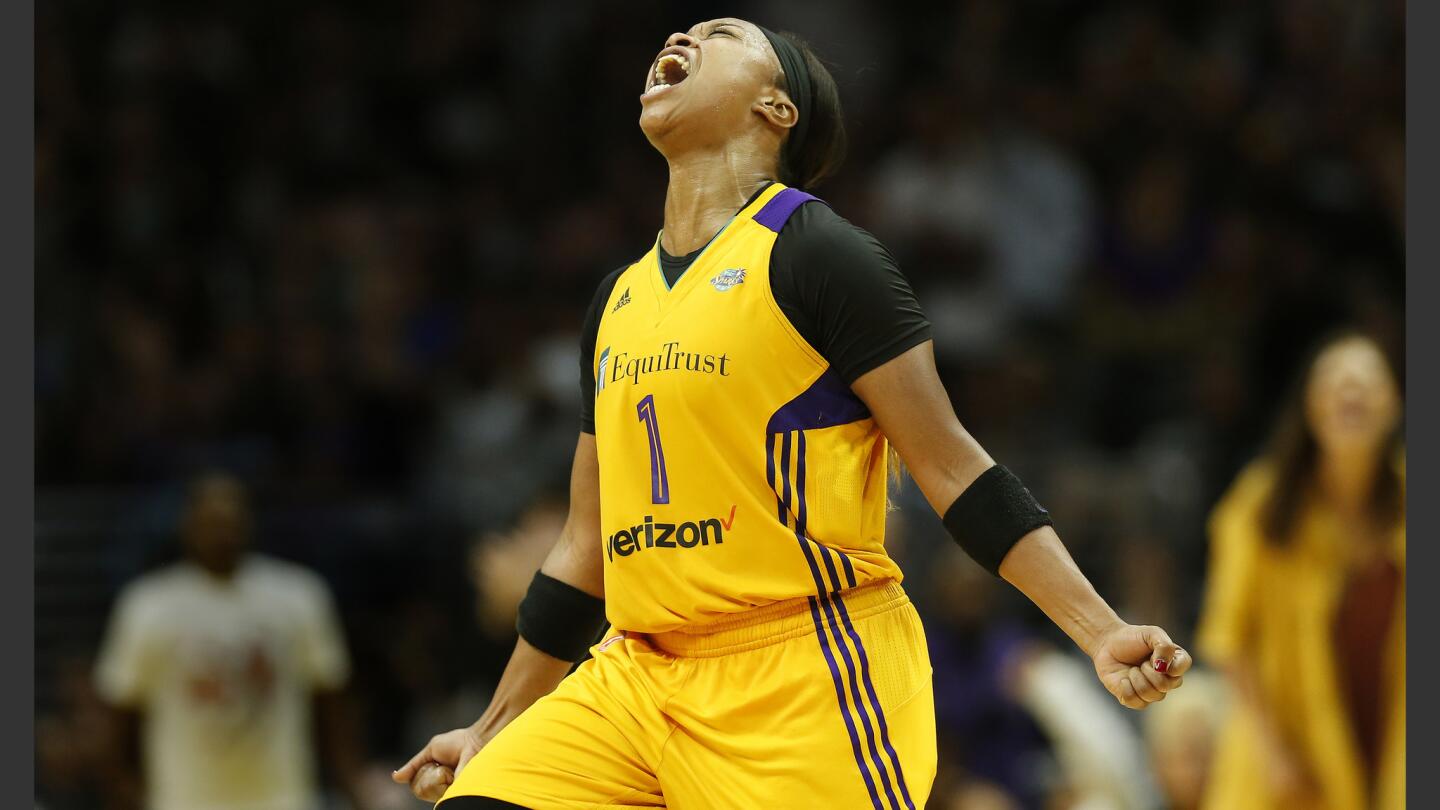 Sparks guard Odyssey Sims reacts after her three-point shot brought the Sparks within nine points with 7:15 left in the game.