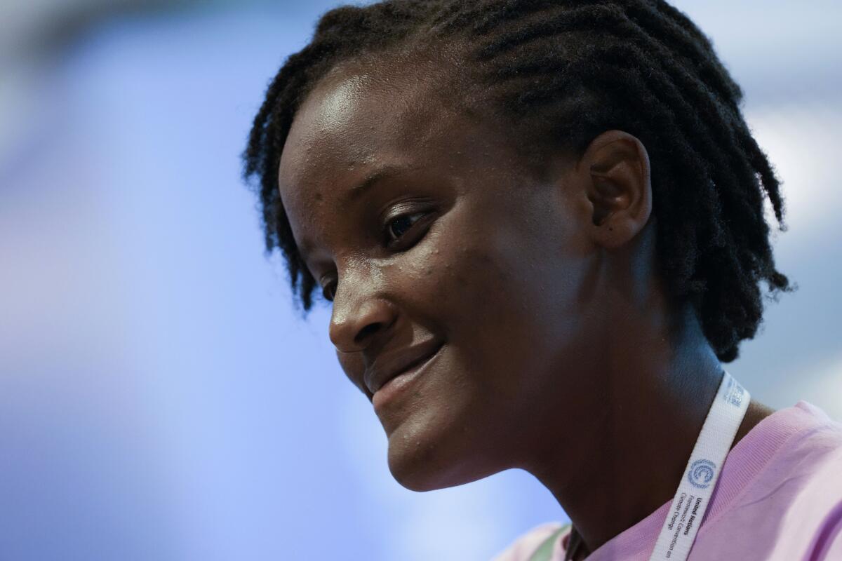 Vanessa Nakate, of Uganda, participates in an event with youth activists of developed countries at the COP27 U.N. Climate Summit, Monday, Nov. 14, 2022, in Sharm el-Sheikh, Egypt. (AP Photo/Peter Dejong)