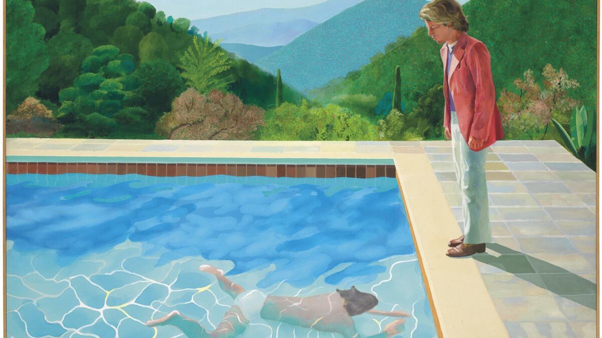 In this undated photo provided by Christie's Images LTD, a 1972 painting entitled "Portrait of an Artist (Pool with Two Figures)," by British artist David Hockney is shown.