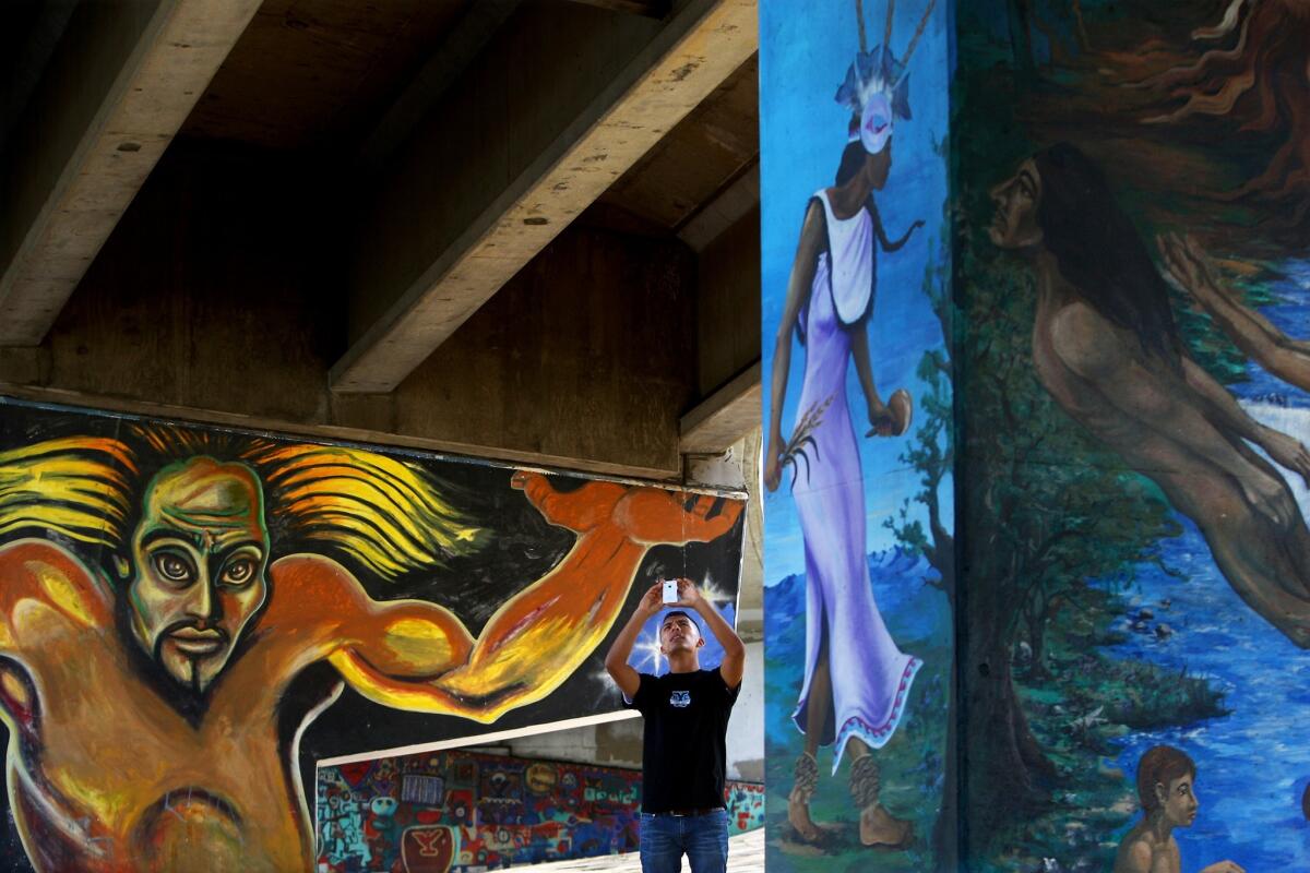 Behind Joel Castillo of Ventura County is the mural titled "Colossus," by Mario Torero, Mano Lima and Laurie Manzano. To the right is a mural titled "Indian Dancer," and a second named "Tree of Life."