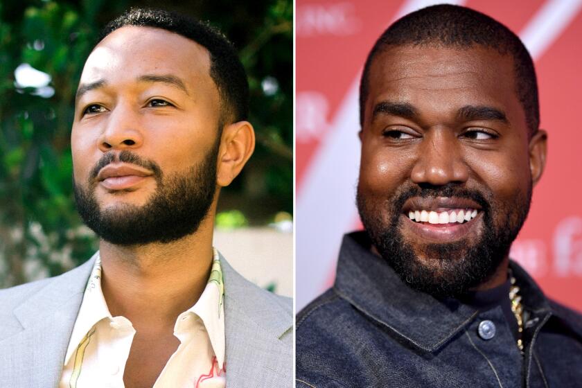 Left, January 2021 photo of John Legend. Right, Kanye West attends the 2019 FGI Night Of Stars Gala in New York City in October 2019 in New York City