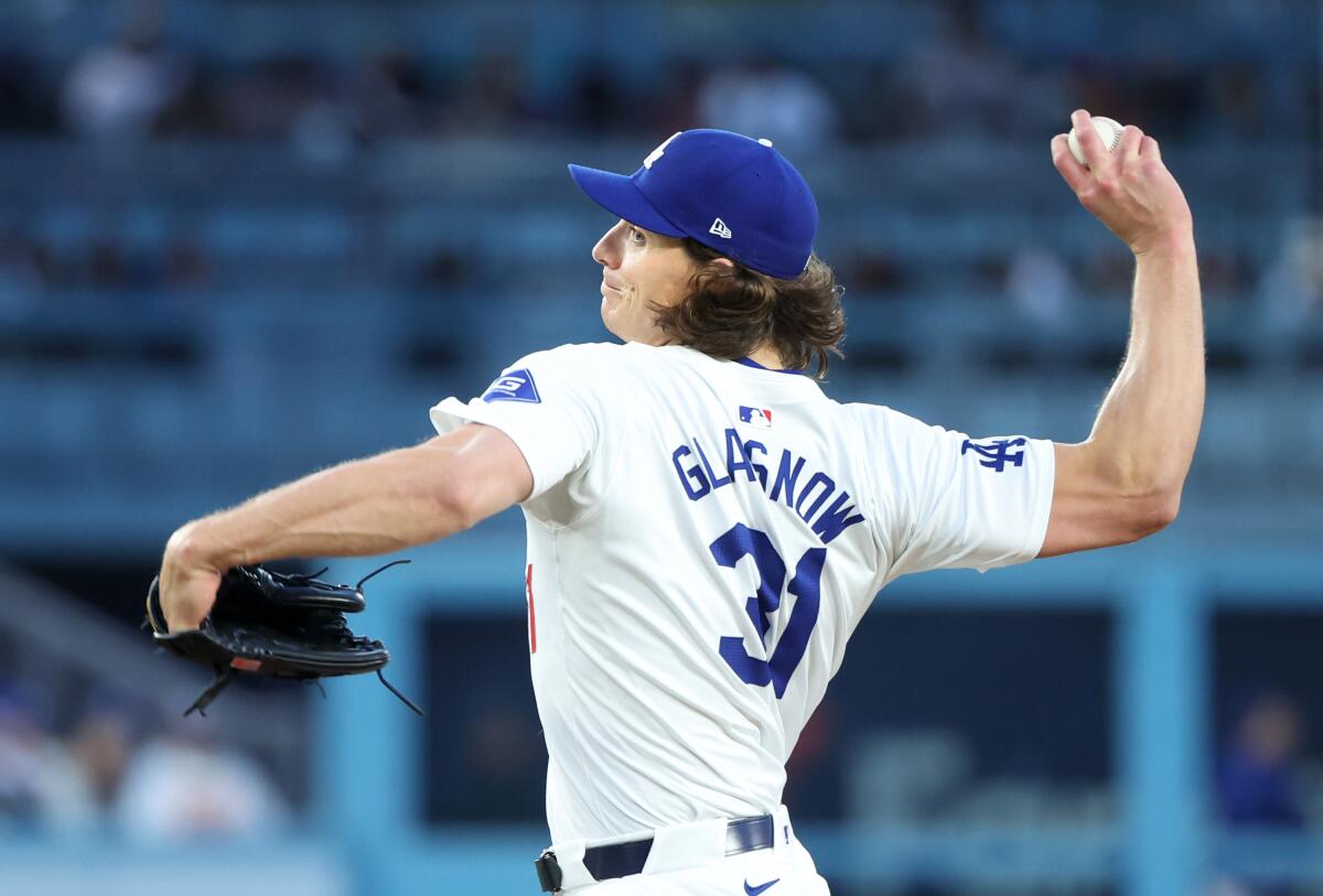 Dodgers starting pitcher Tyler Glasnow delivers during the Dodgers' 11-2 win over the Atlanta Braves on Saturday.