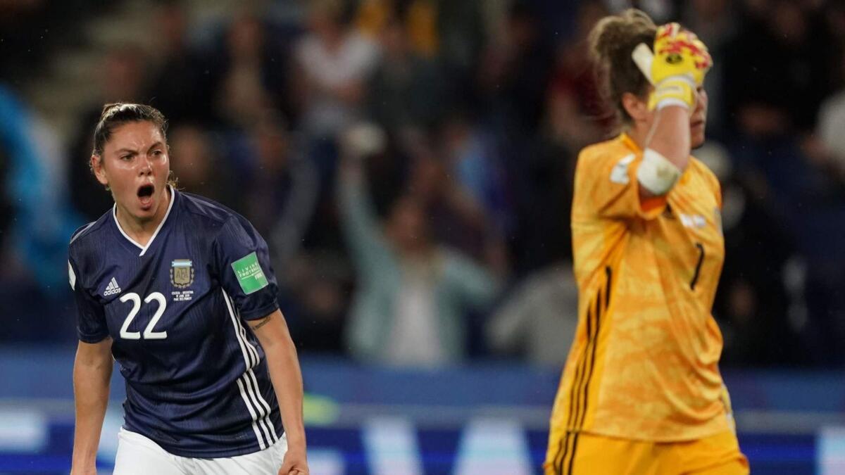 Argentina forward Milagros Menendez celebrates after scoring a goal as Scotland goalkeeper Lee Alexander walks away during a 3-3 draw between the two teams at the Women's World Cup.