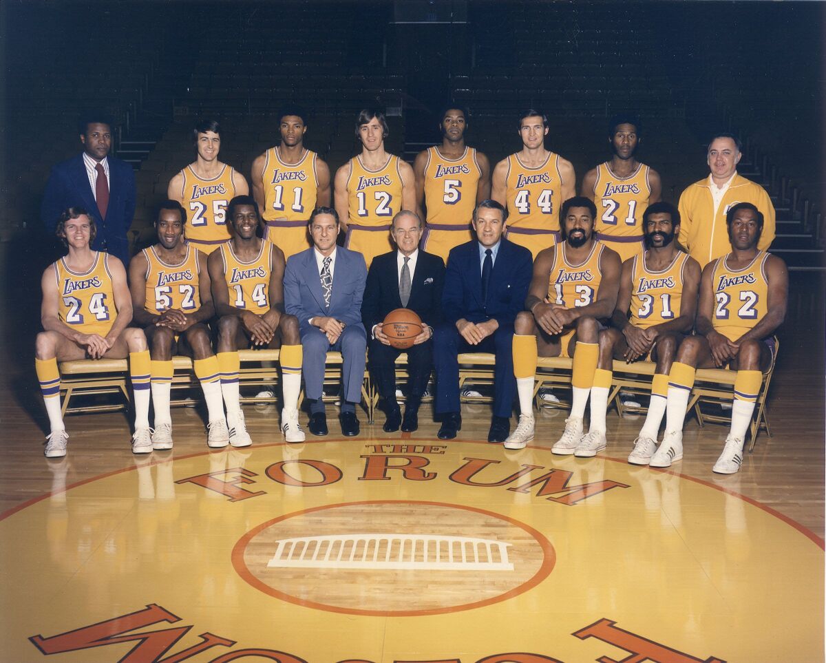 1971-72 Los Angeles Lakers team photo taken at the Forum.