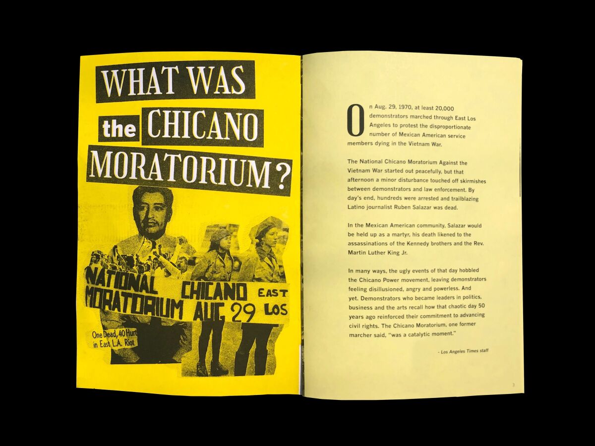 Zine opened to page on the left reading "What was the Chicano Moratorium" above a photo illustration, with text on the right