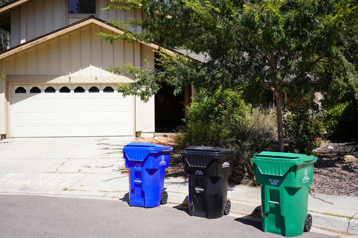 A green organic waste bin will be joining the black trash and blue recycling bins at Rancho Bernardo homes in early August.
