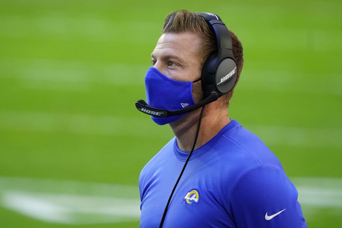 Rams head coach Sean McVay coaches during a game against the Arizona Cardinals.