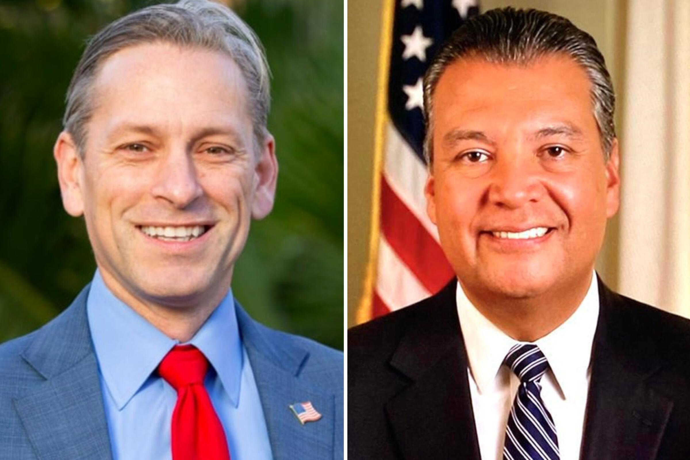 GOP attorney Mark Meuser, left, and Sen. Alex Padilla in side-by-side photos.