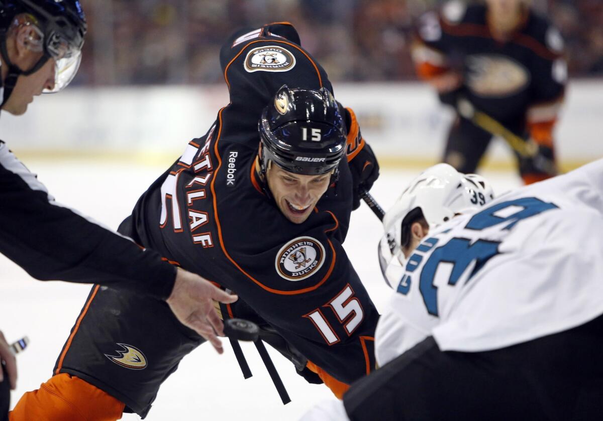 Ducks center Ryan Getzlaf gets ready for a face off against the San Jose Sharks in a preseason game on Oct. 4.