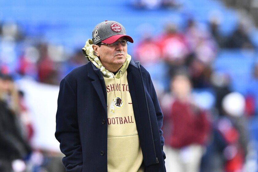 FILE - Washington Football Team owner Daniel Snyder looks on before an NFL football game against the Buffalo Bills, Sunday, Nov. 3, 2019, in Orchard Park, N.Y. Two members of Congress are asking the NFL to provide evidence of Washington Football Team owner Daniel Snyder’s interference with an investigation into sexual harassment and other improper conduct at the club. Democrats Carolyn Maloney of New York and Raja Krishnamoorthi of Illinois already have asked the NFL for transparency about the probe. (AP Photo/Adrian Kraus, File)