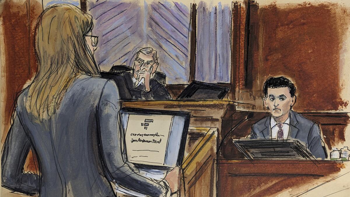Courtroom sketch of Sam Bankman-Fried on the stand during fraud trial