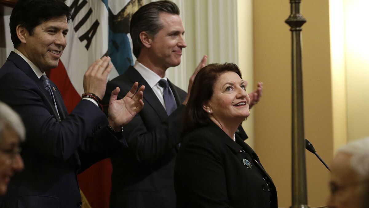 A new Democratic supermajority will be enjoyed by Senate President Pro Tem Toni Atkins (D-San Diego), shown after she was sworn in as the new Senate leader in March. To her left is current Gov.-elect Gavin Newsom, and, far left, Sen. Kevin de León, D-Los Angeles.