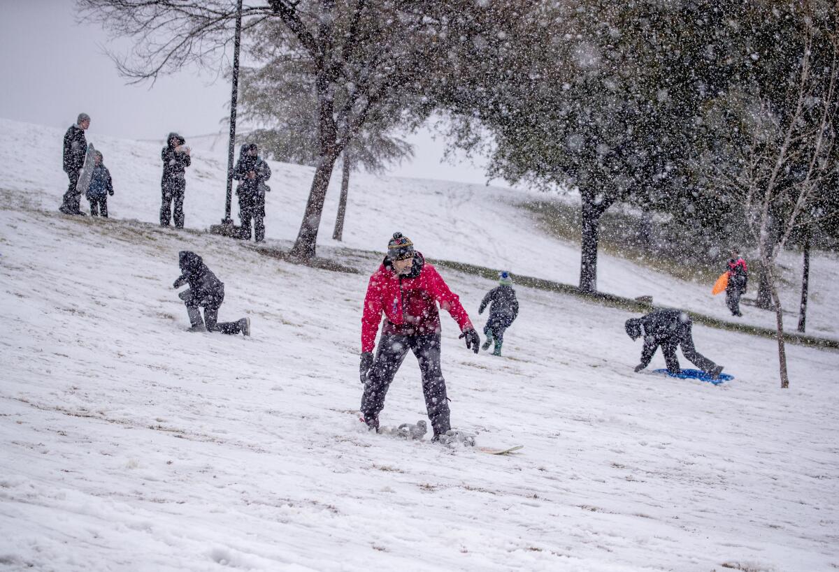 People snowboard and sled down a snowy hill.