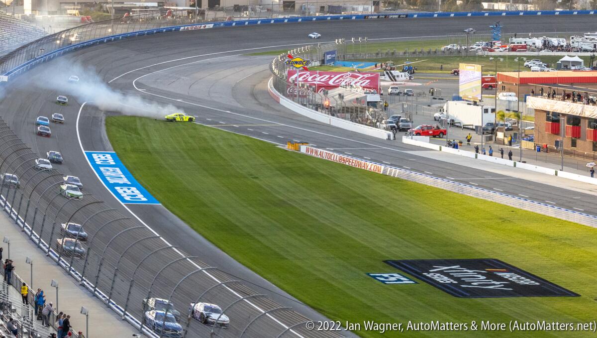 Brandon Jones’ NASCAR Xfinity Series Toyota slides out of control at Auto Club Speedway