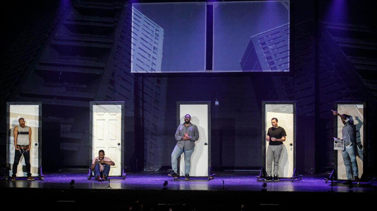 A rehearsal of "The Central Park Five" at the Warner Grand Theatre in San Pedro.
