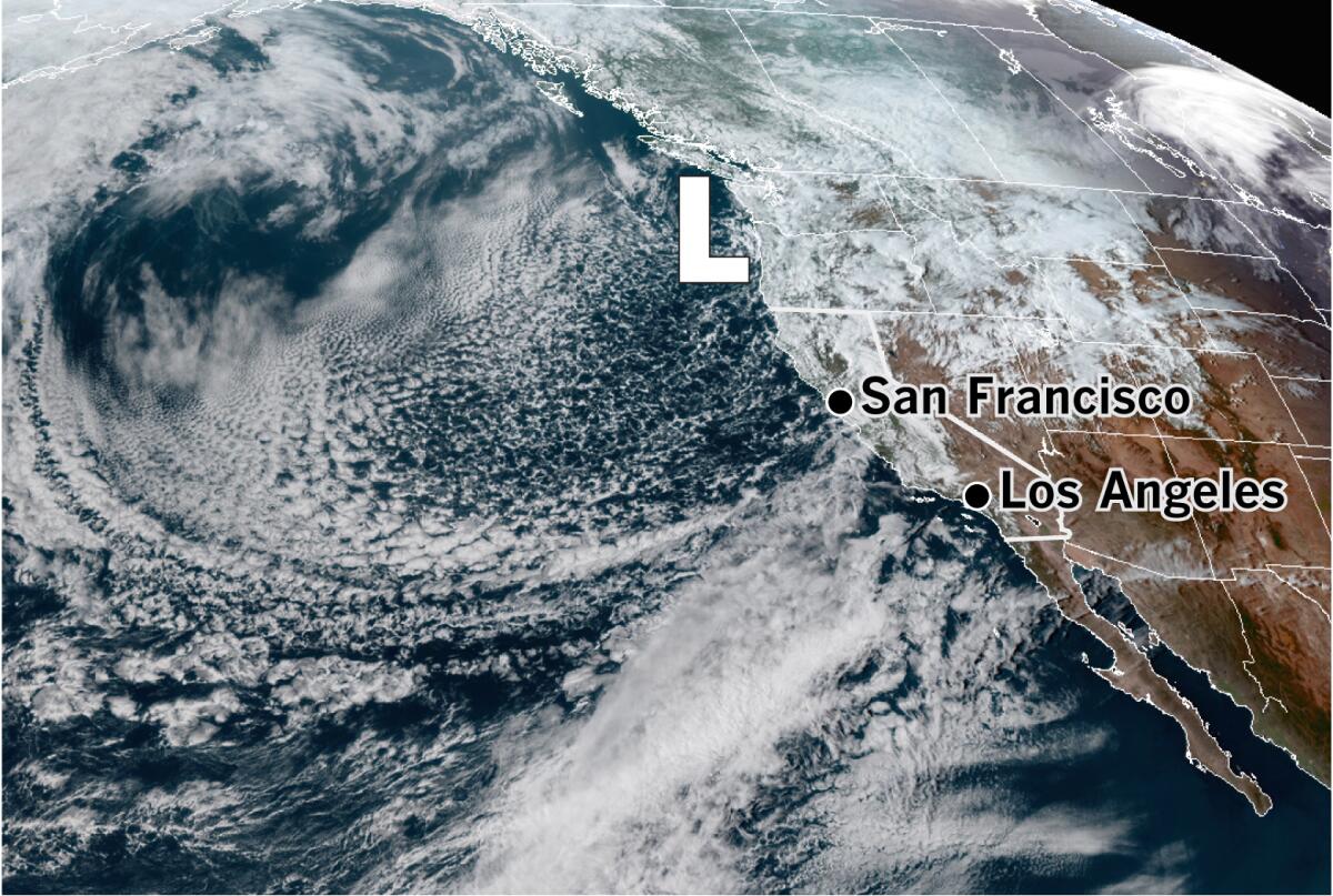 Low pressure off the Pacific Northwest seen in a satellite photo taken at 4:50 p.m. March 24.