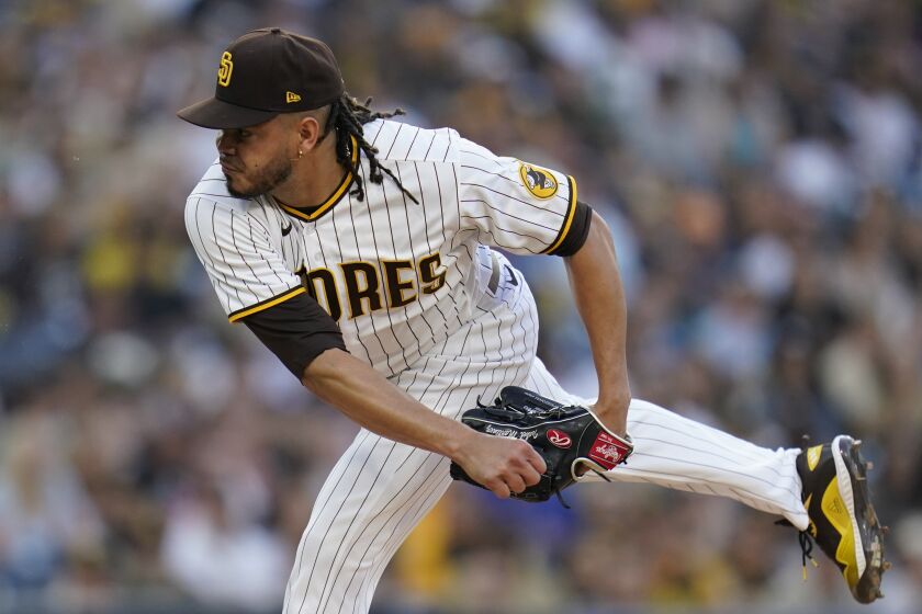 San Diego Padres starting pitcher Dinelson Lamet works against a Arizona Diamondbacks batter during the first inning of a baseball game Saturday, June 26, 2021, in San Diego. (AP Photo/Gregory Bull)
