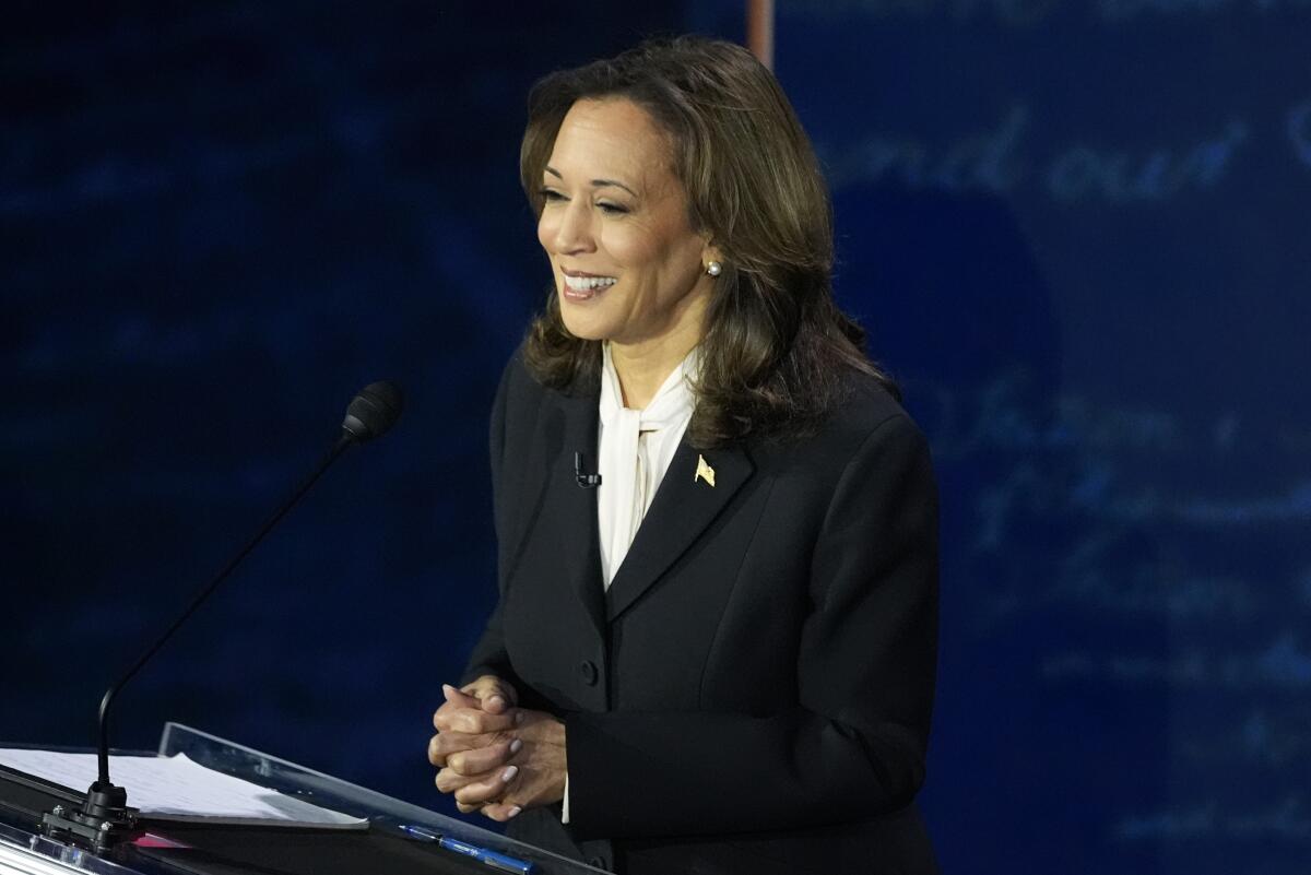 Kamala Harris stands at the lectern during the debate 