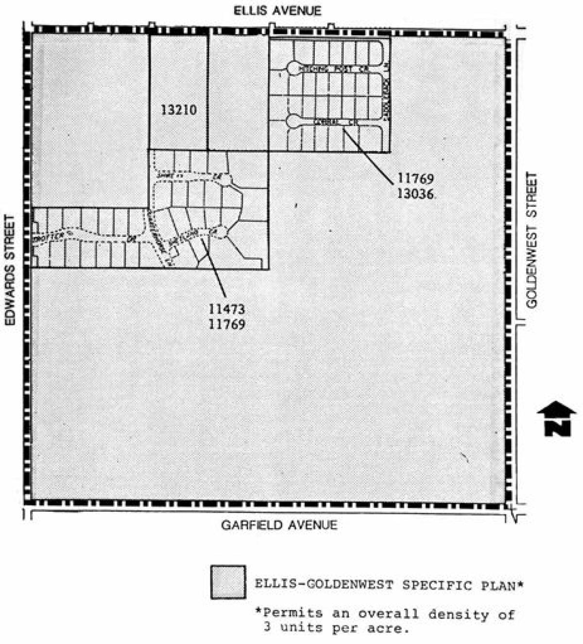 The Ellis-Goldenwest Specific Plan currently permits three residential units per acre.