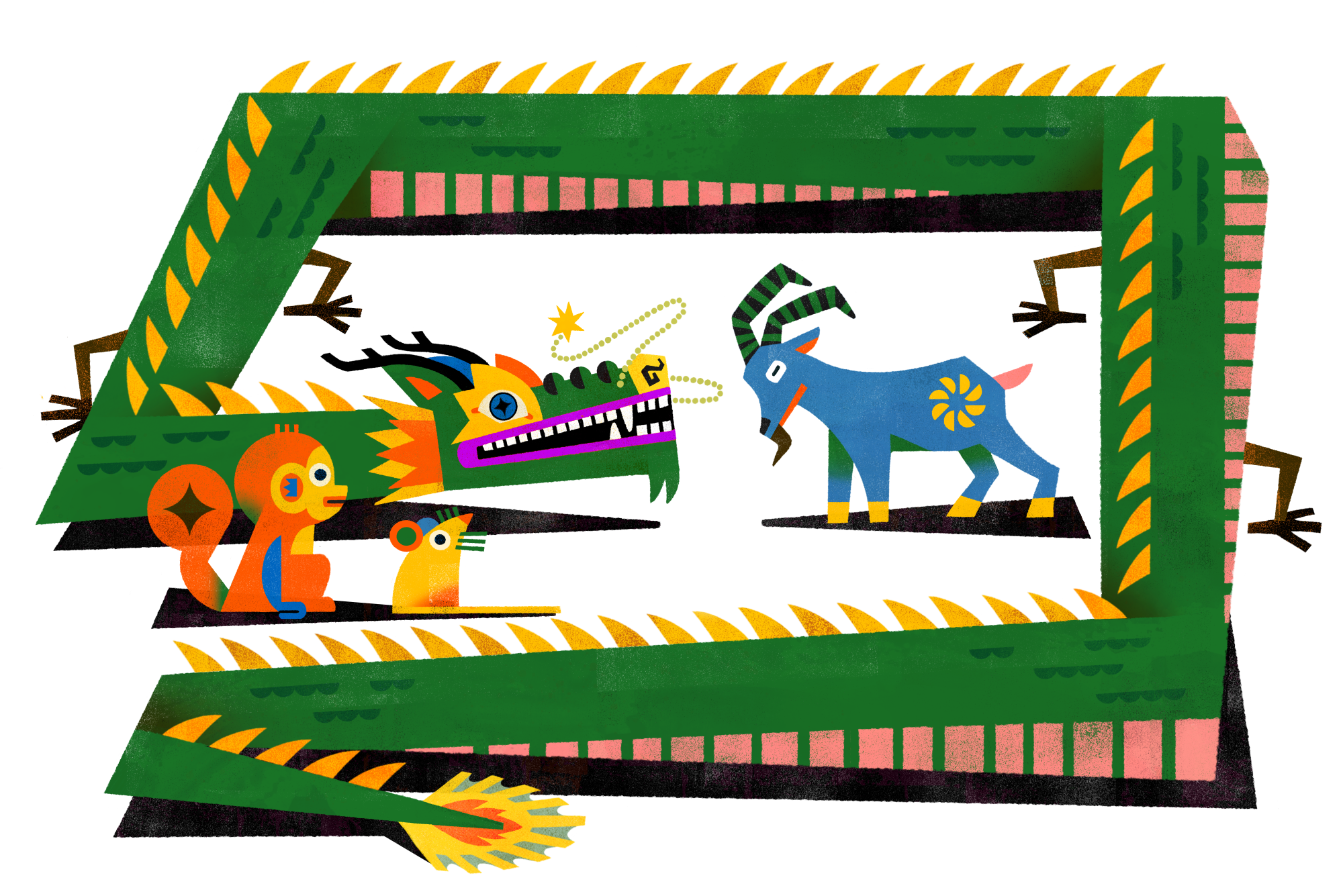 Animais ilustrados do Zodíaco: um dragão verde enfrentando uma cabra enquanto um macaco e um rato observam nas proximidades