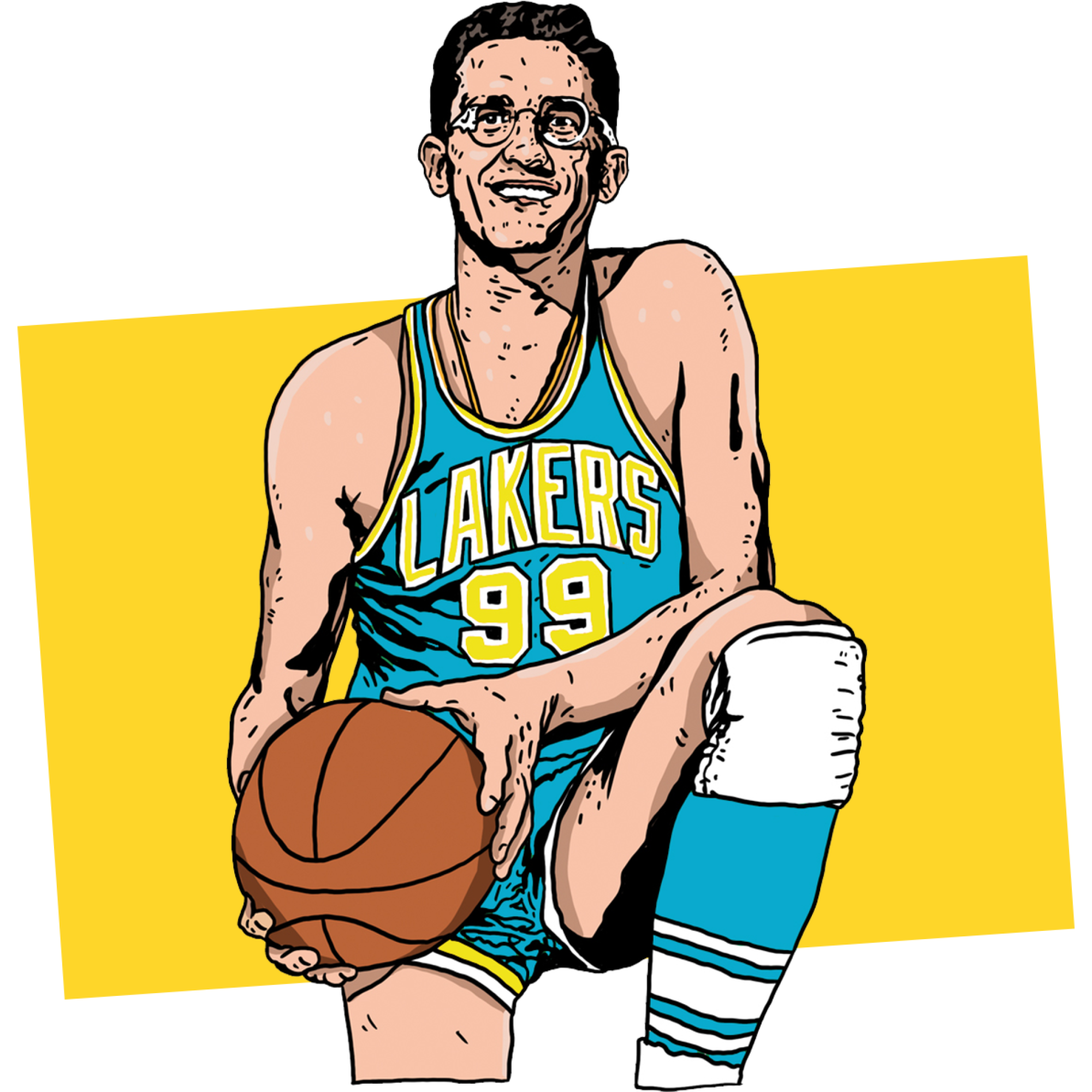Illustration of George Mikan in a blue #99 jersey kneeling with a ball in his right hand.