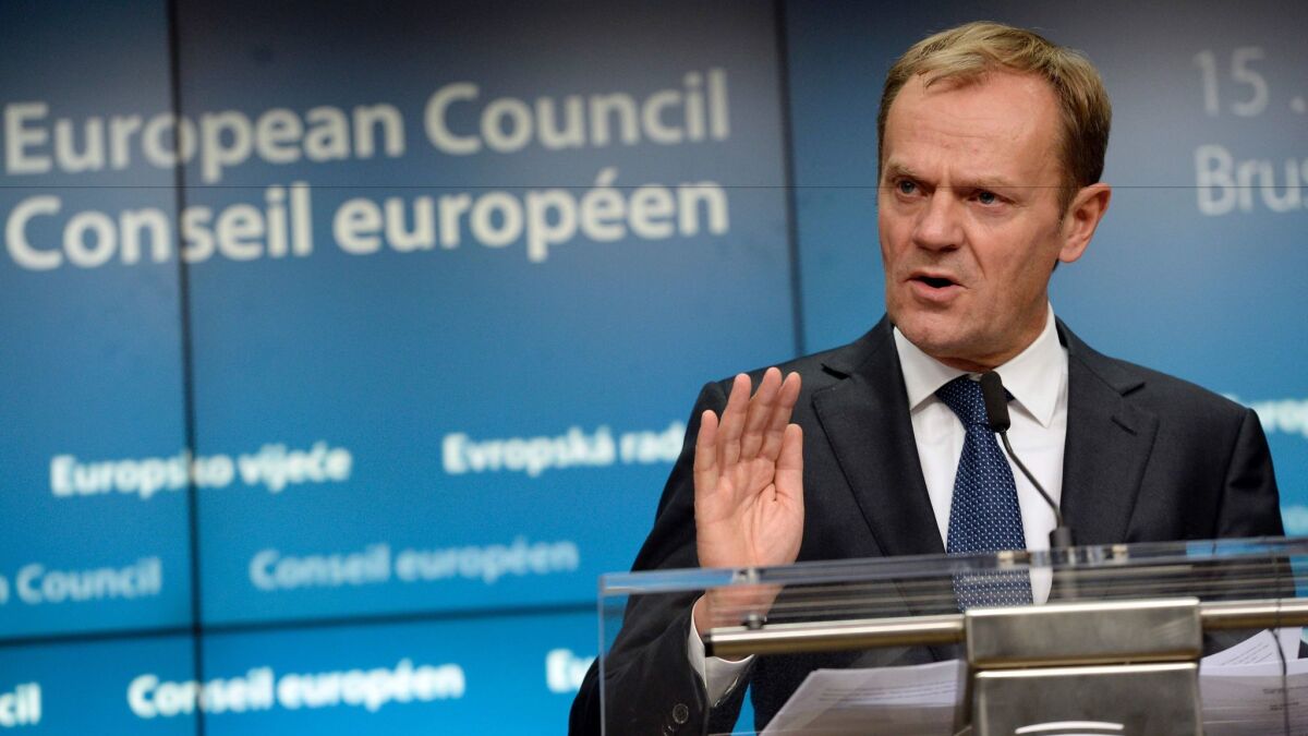 “We should remind our American friends of their own motto: United we stand, divided we fall,” European Council President Donald Tusk, pictured last month, said Jan. 31, 2017.
