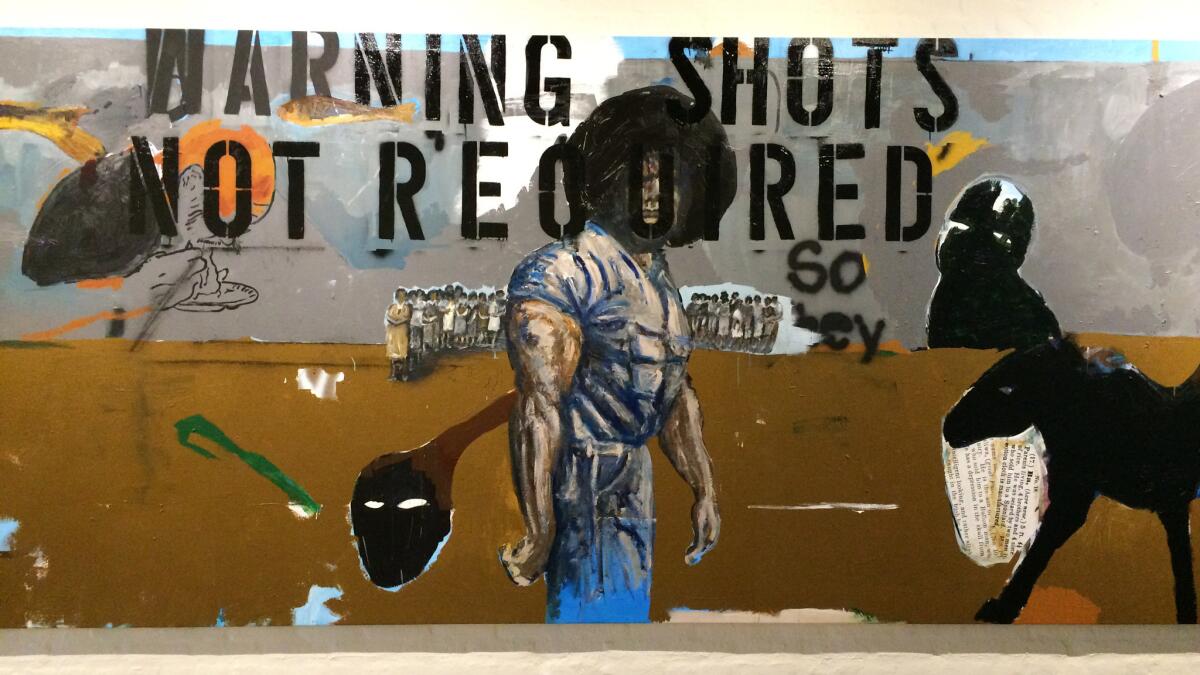 A detail of a canvas by Henry Taylor: "Warning Shots Not Required," 2011.