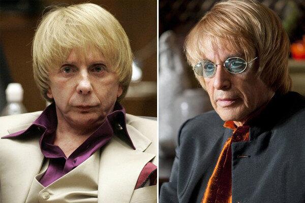 Phil Spector, left, pictured during his trial, and Al Pacino playing him in HBO's "Phil Spector."