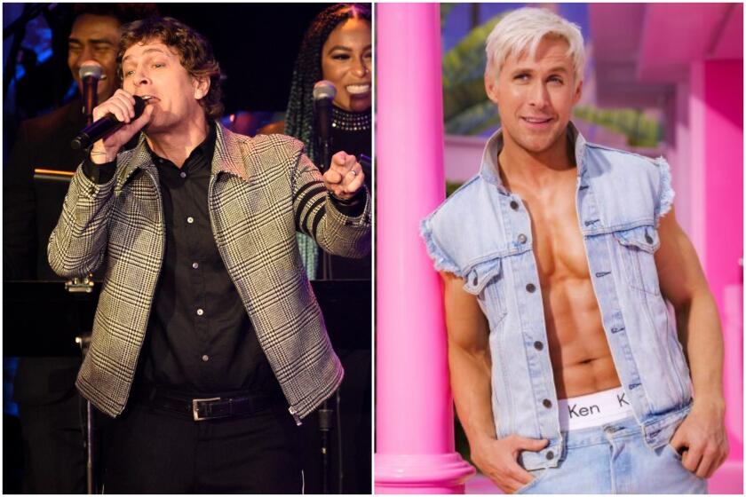 Split image: Left, Rob Thomas wears a brown coat and black shirt as he sings; right, Ryan Gosling wears light blue denim vest and jeans