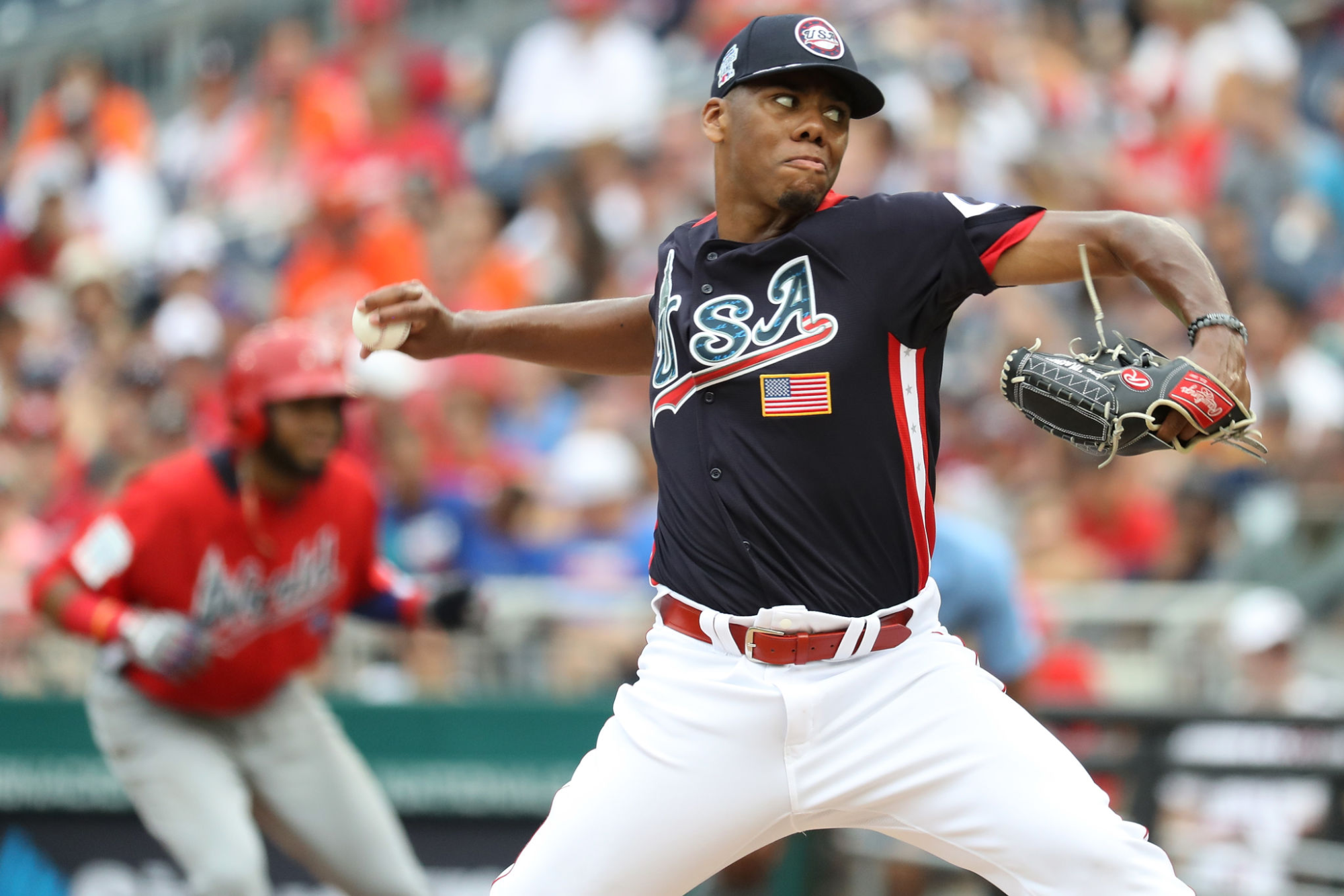 Hunter Greene pitches against the World Team during the SiriusXM All-Star Futures Game.