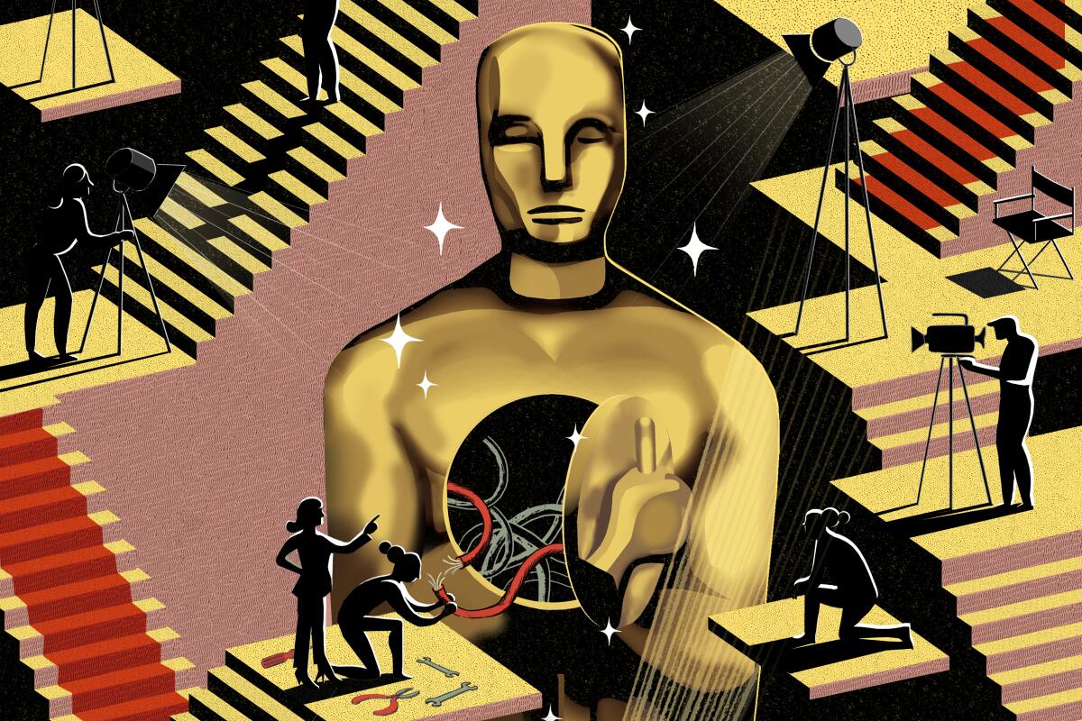 Illustration of an Oscar statuette, its chest open, revealing wires.