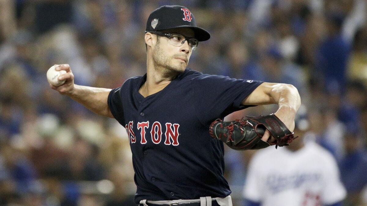 Joe Kelly helped the Boston Red Sox beat the Dodgers in the World Series this year. He pitched in all five games, tossing six scoreless innings and striking out 10 of the 22 batters he faced. He walked none.