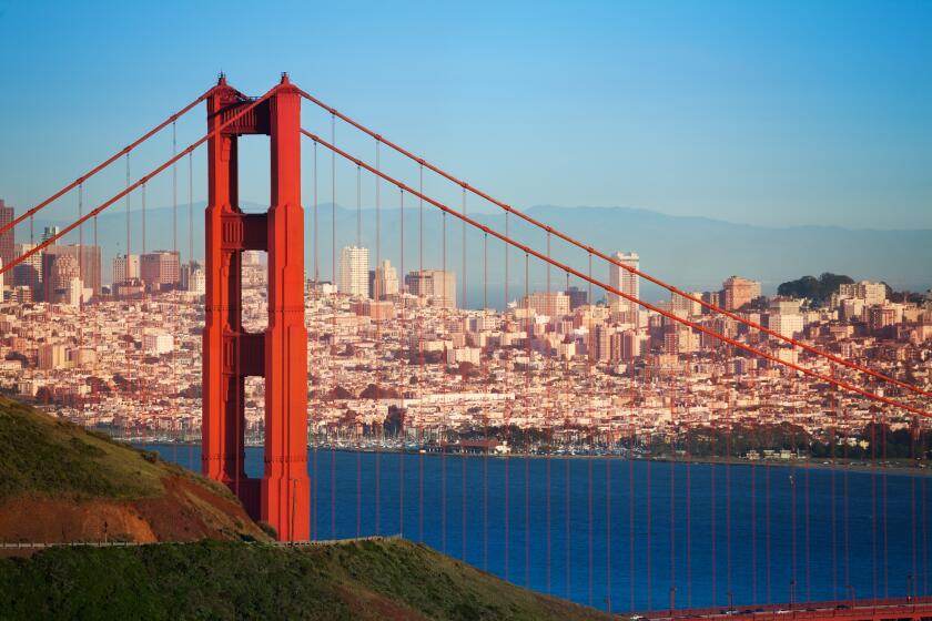 Beautiful cityscape of San Francisco and famous Golden Gate Bridge at sunny day, USA