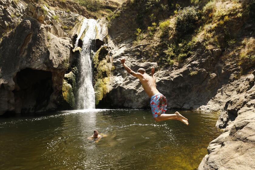 SANTA BARBARA, CA - MAY 28: Brazilian students studying in San Diego dive and swim in the water under Paradise Falls in Thousand Oaks' Wildwood Regional Park on Thursday May 28, 2020 as COSCA announced they will be closing the Falls to the pubic indefinitely after the scenic spot was overrun with crowds, trash and human waste. The Conejo Valley Open Space Conservation Agency announced the closure after a weekend that had rangers trying to keep up with collecting trash left behind by visitors as Ventura County begins to ease restrictions due to Coronavirus and Covid-19 . Cachuma Lake on Thursday, May 28, 2020 in Santa Barbara, CA. (Al Seib / Los Angeles Times)