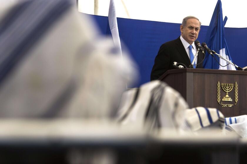 Israeli Prime Minister Benjamin Netanyahu speaks at Jan. 13 funeral ceremonies in Jerusalem for four Jews killed during an attack on a kosher supermarket in Paris last week.