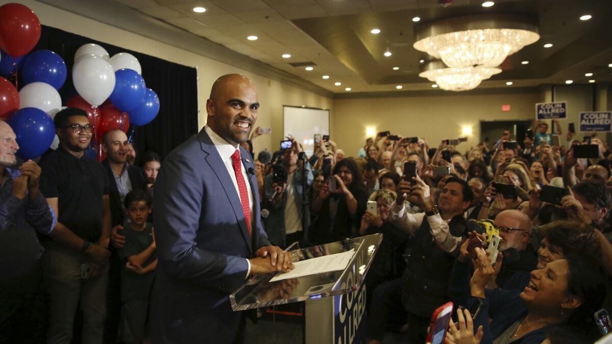 Democratic congressional candidate Colin Allred speaks to supporters during an election night party in Dallas