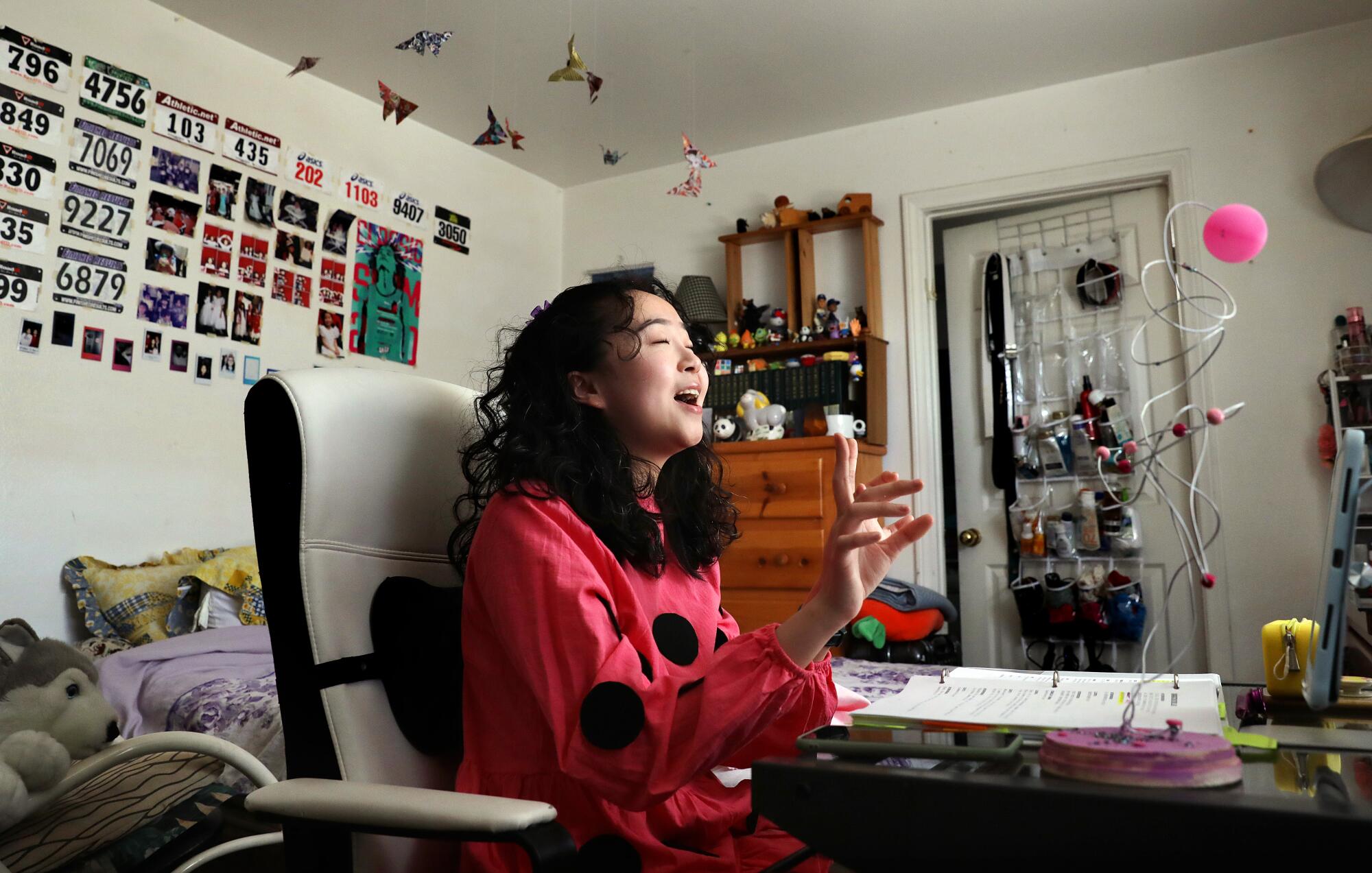 Emily Chen rehearses for the school play "You're a Good Man, Charlie Brown" on Zoom from home in Alhambra.