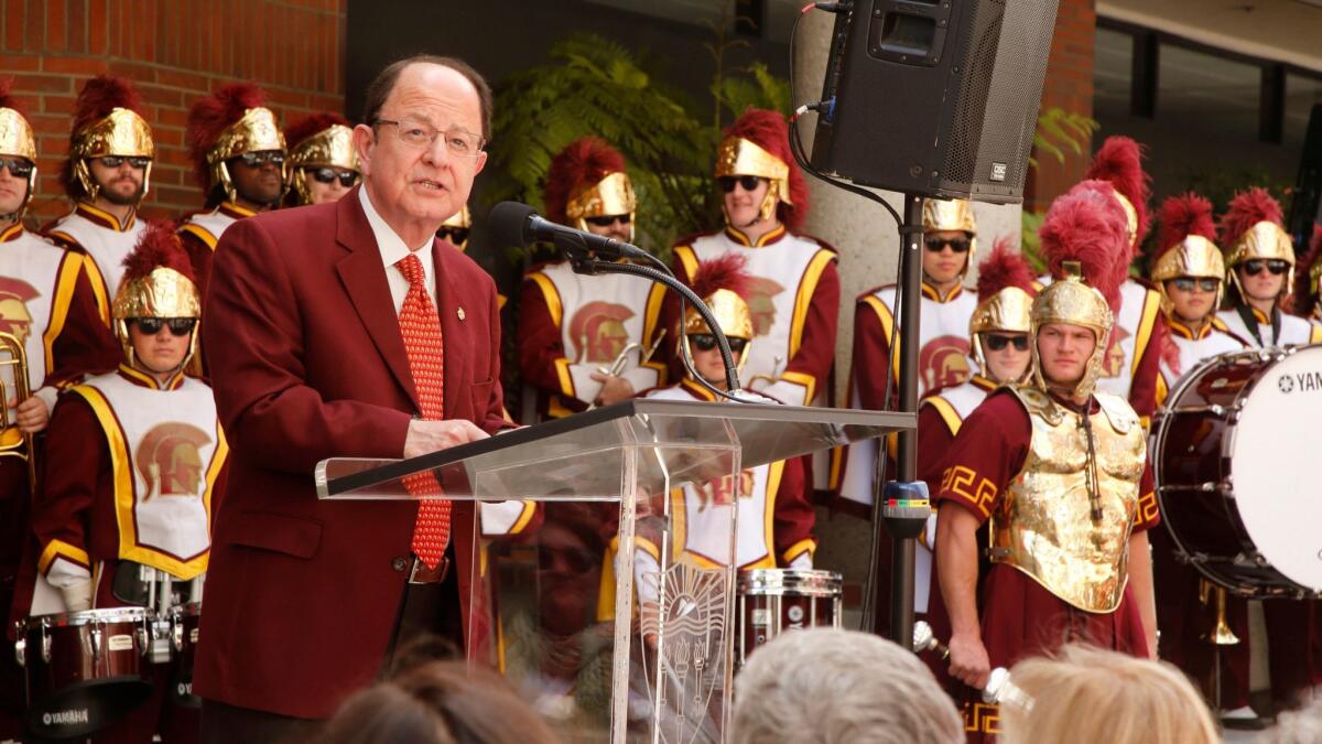 C.L. Max Nikias speaks at a May 6 ribbon-cutting ceremony at USC.