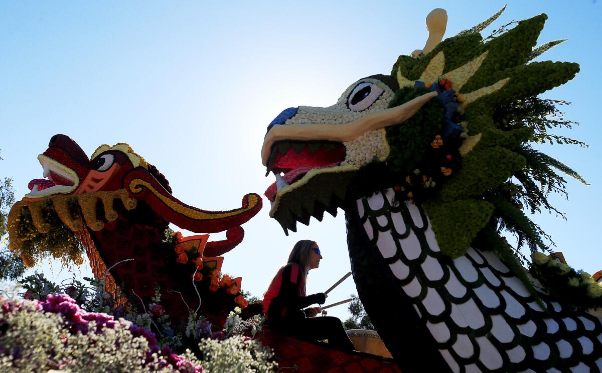 A drummer performs aboard the City of South Pasadena's 2015 entry to the Rose Parade.