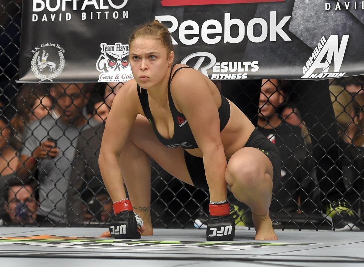 Ronda Rousey gets ready to fight Cat Zingano during UFC 184 on Feb. 28.
